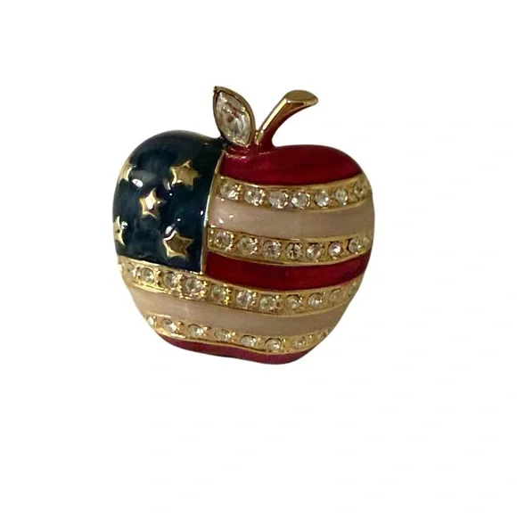 GE Wlind Signed Enamel American Flag Apple Brooch Pin With Rhinestones Vintage - Picture 6 of 14